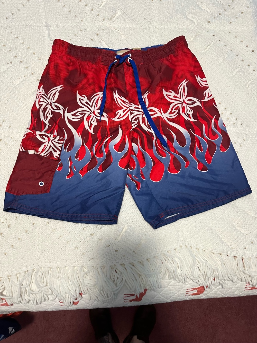 J. Khaki Red & Blue Flame Graphic Swim Board Shorts